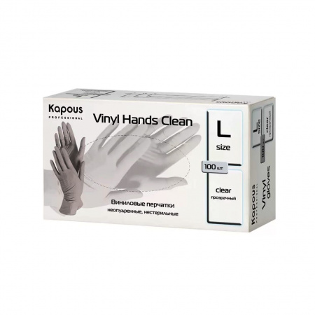 Виниловые перчатки неопудренные, нестерильные «Vinyl Hands Clean», прозрачные, 100 шт., L